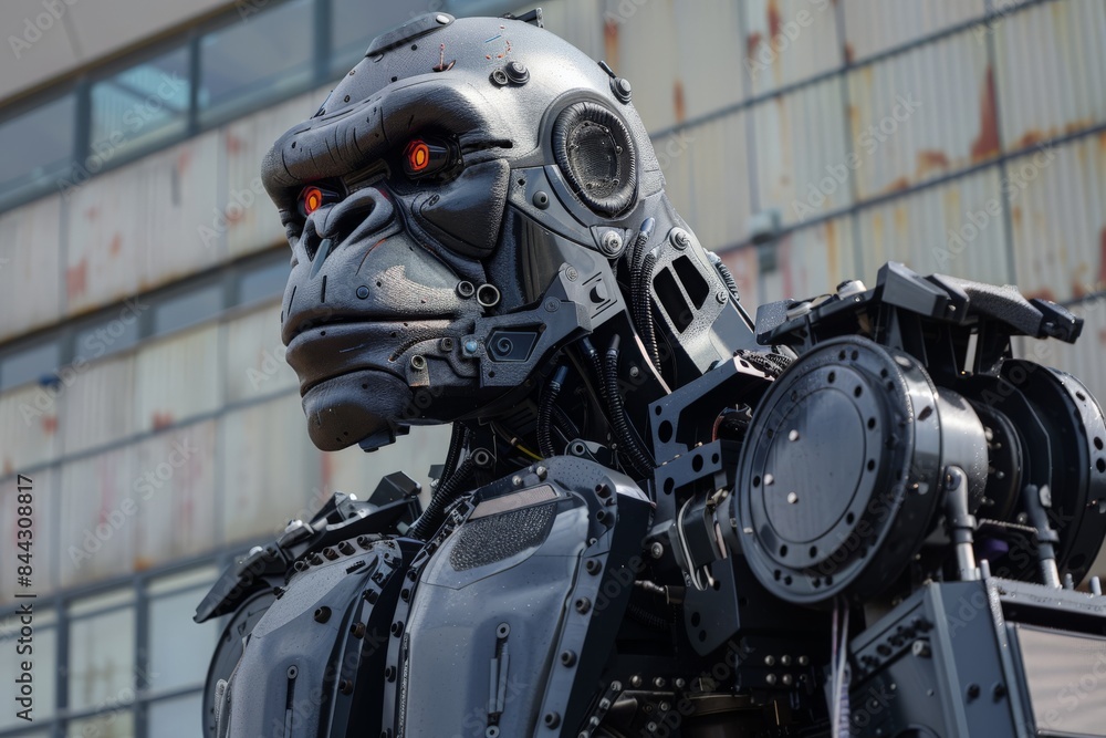 Aufkleber high-resolution image of a robotic gorilla face with red eyes and intricate mechanical parts