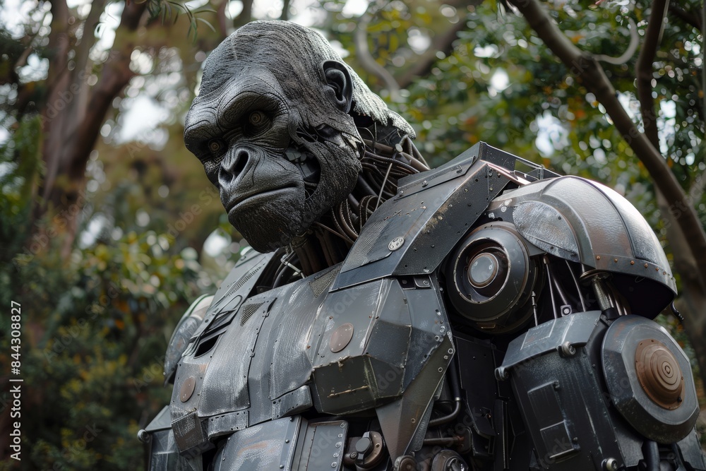 Poster close-up of the stoic face of a mechanized gorilla with a subtle forest background