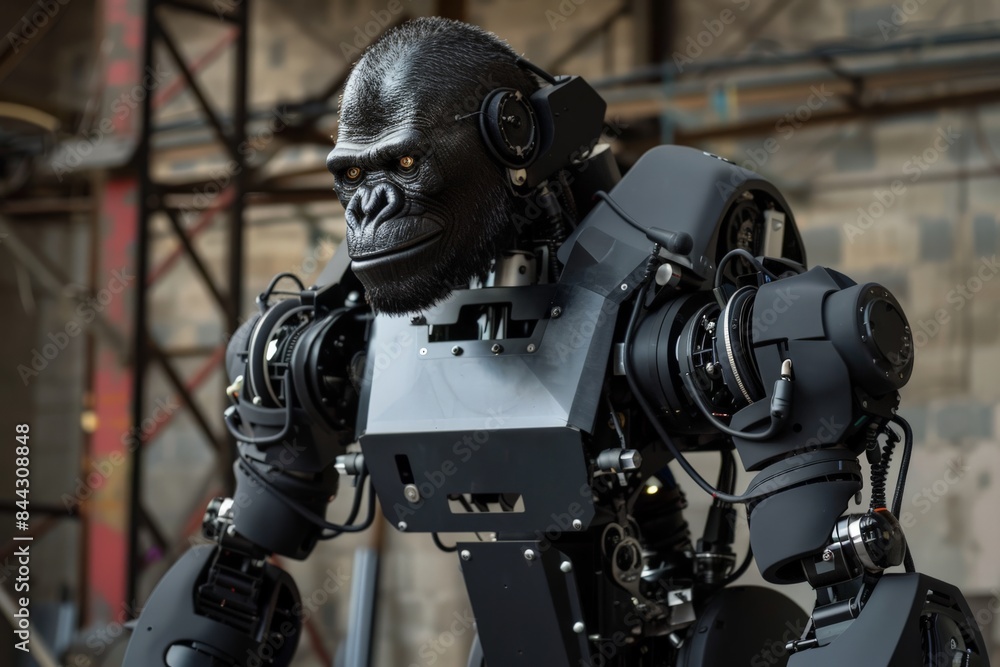 Poster a gorilla-inspired robot posed in an industrial setting, emphasizing advanced tech