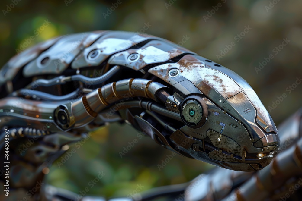 Aufkleber This image features a high-tech robotic snake with intricate mechanical details and visible wear, suggesting advanced technology