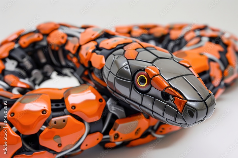 Aufkleber the photo captures a vibrant orange and black robotic snake with an aggressive design and sharp, con