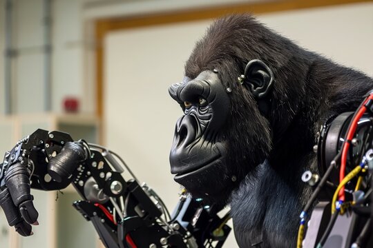 Detailed view of a robotic gorilla model with lifelike black fur and intricate mechanisms visible