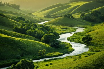 A serene countryside scene with a winding river and grazing cattle.