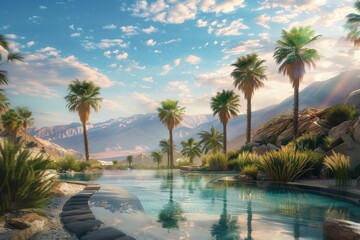 A serene desert oasis with palm trees and a shimmering pool. 