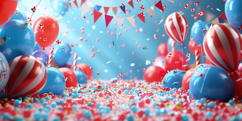 A party or celebration with lots of flags, bunting, ballons and signs