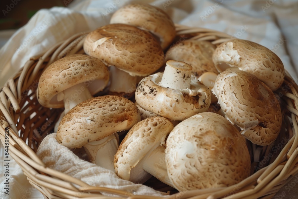 Poster a basket filled with uncooked, fresh mushrooms with visible gills and textures