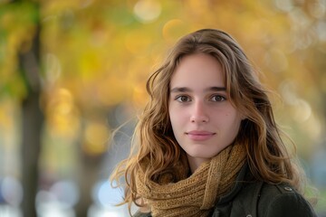 Fototapeta premium Young girl with expressive eyes and a warm scarf in a dreamy autumn scene with bokeh background