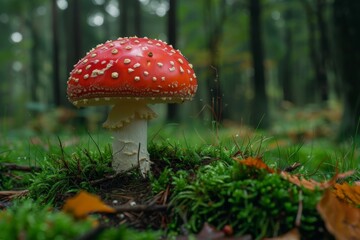 Vivid red toadstool mushroom with white spots in a natural forest setting, symbolizing fairy tales
