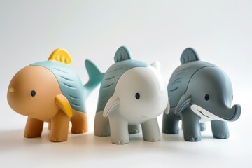Adorable elephant toys in a row featuring various colors and textures against a white background