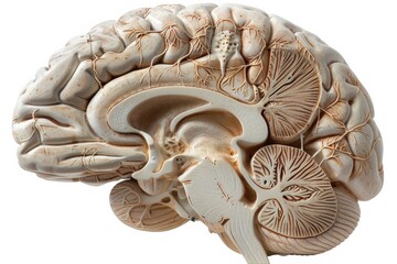 A detailed plastic model of the cerebellum, highlighting its structure, including the arbor vitae, and its connection to the brainstem. The model is isolated on a white background for clear