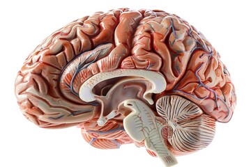 A realistic photo of a plastic model of the cerebrum, showcasing its lobes, gyri, and sulci. The model is isolated on a white background for detailed educational use