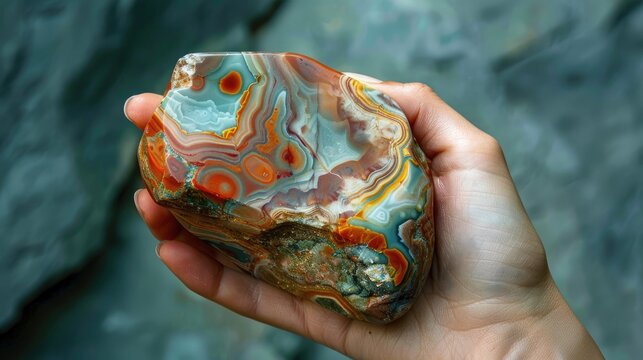 A hand gripping a beautiful vivid wet natural jasper raw stone
