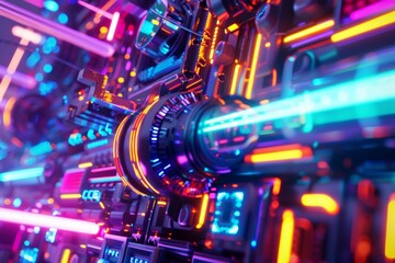 Abstract 3D render of futuristic technology in vibrant neon colors. 