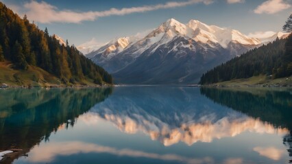 A snow-capped mountain range reflected in a calm lake