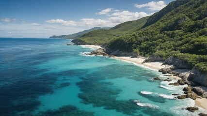 Coastal Serenity: Ocean, Beach, and Mountain Landscape