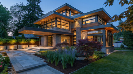  Inviting contemporary residence with sunset glow, green grass, and expertly crafted stone and brick details.