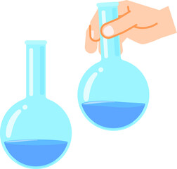 液体が入った丸底フラスコを持つ手