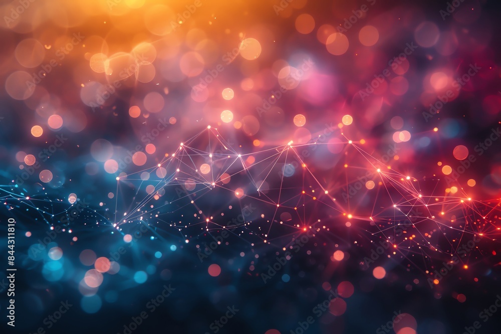 Poster abstract digital art with vibrant neon lights and interconnected nodes. colorful bokeh background re