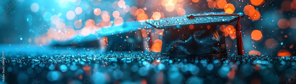 Poster close-up of drops of water on a surface with colorful bokeh lights in the background, creating a dre