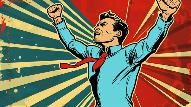 concept for expression success - comic style male  person in business fitting victoriously raising his fist in the air