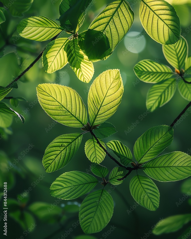 Poster sunlight filtering through lush green leaves in a forest, casting beautiful patterns of light and sh