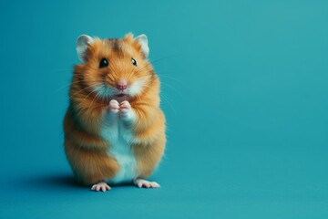 A small hamster is standing on a blue surface