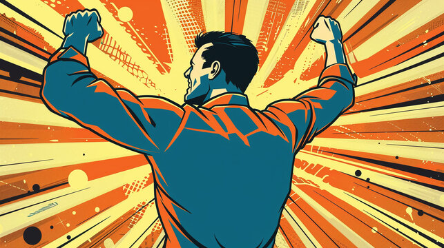 concept for expression success - comic style male  person in business fitting victoriously raising his fist in the air