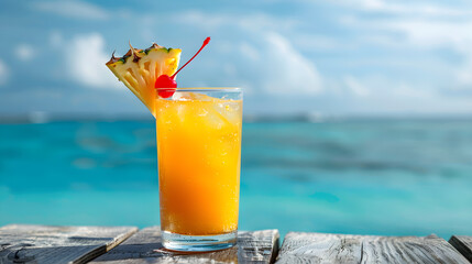 Obraz premium Refreshing tropical cocktail with a slice of pineapple and cherry