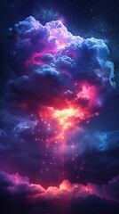 Fototapeta premium A vibrant cloud illuminated by magical, colorful light in a dreamy night sky, featuring a cosmic, ethereal aura with scattered stars.