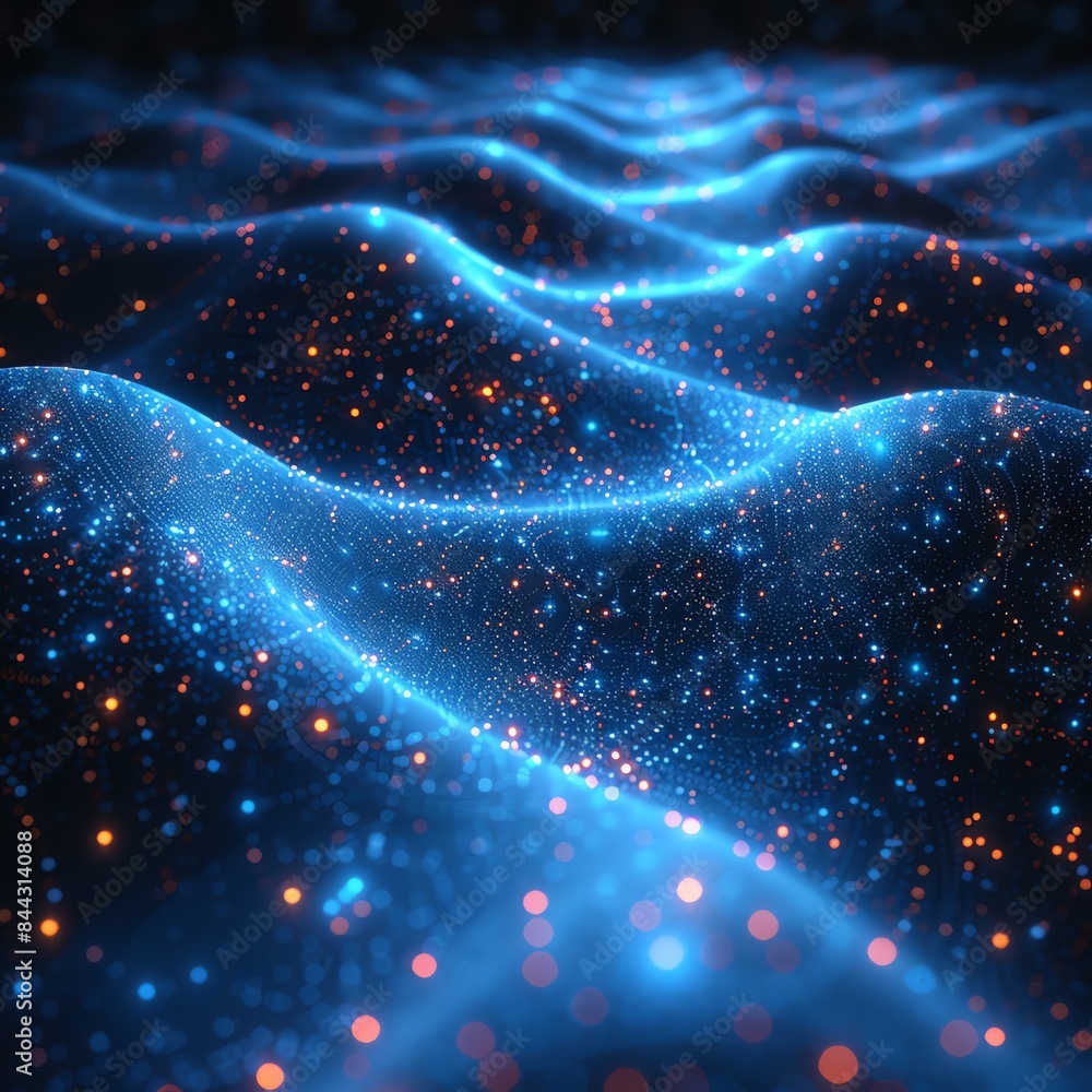 Poster abstract blue glowing waves with digital particles, representing futuristic technology, data visuali