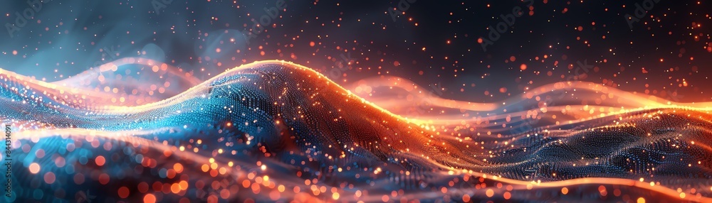 Poster abstract digital art featuring vibrant waves in orange and blue with glowing particles, creating a d