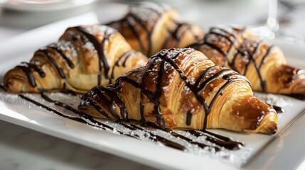 Chocolate Drizzled Croissants on Plate