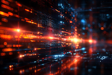 Abstract digital data stream with glowing orange and blue lights on a dark background