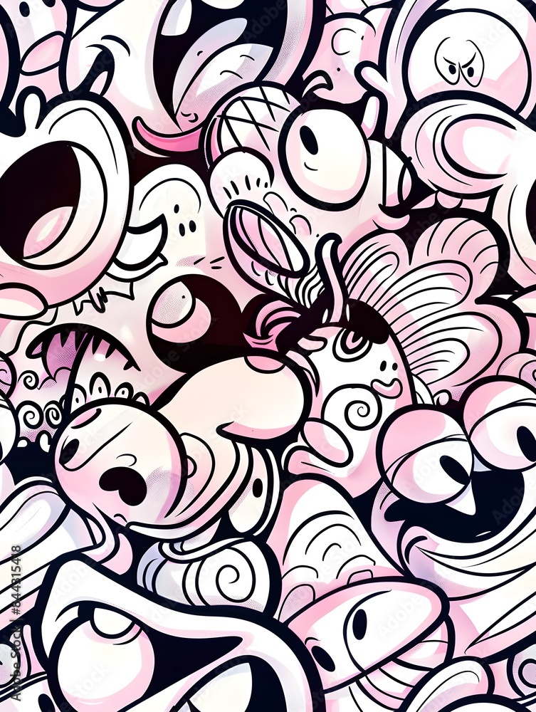 Poster colorful surreal abstract pattern with quirky shapes and playful characters