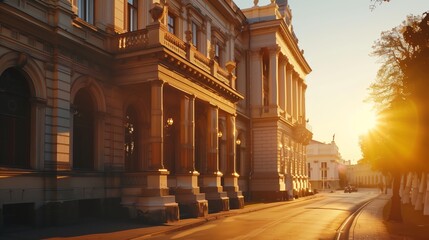 Old, historically significant government building at sunset, casting a timeless glow across its architecture.
