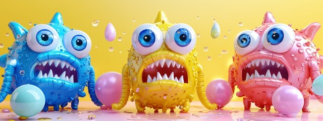 cute crazy monsters with huge eyes made of inflatable items on yellow pastel background in style of 3d. Abstract, fantasy, dreamlike concept.