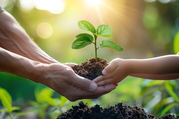 hands of different generations planting a tree in the middle of nature.