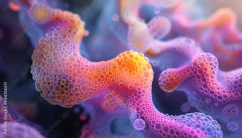 Poster vibrant digital rendering in cg 3d of high-angle view depicting membrane dynamics in a biological co