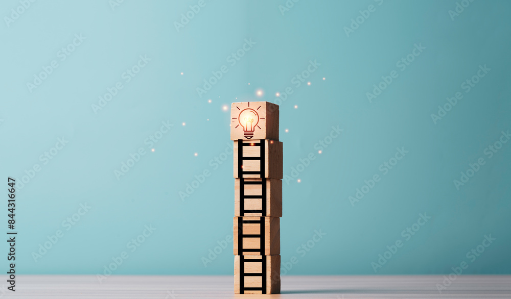 Poster glowing lightbulb on the top of ladder for creative thinking idea to problem solving and solution co