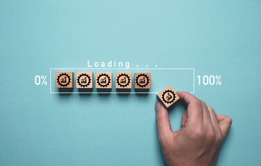 Hand assemble technology download bar of wooden block cube with mechanical gear and increasing...