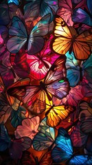 A colorful butterfly collage with many different colored butterflies