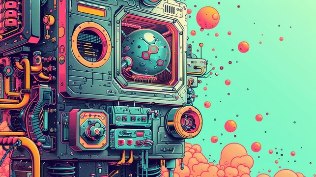 whimsical side view of a quantum computer in a playful vector art style, incorporating elements like tiny robots maintaining the machine and whimsical quantum particles buzzing around Use