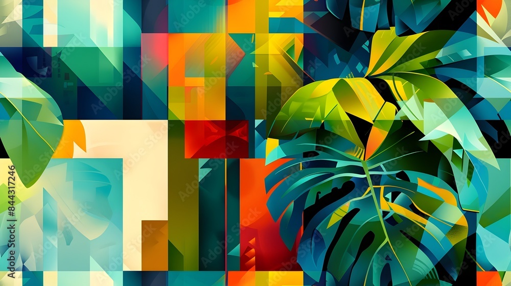 Poster colorful abstract digital geometric composition with vibrant shapes and patterns