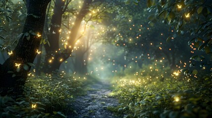 Obraz premium Enchanting Woodland Path with Glowing Lights and Mystical Atmosphere