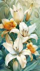 Obraz premium A detailed drawing of exquisite lilies, highlighting the intricate patterns and delicate petals.