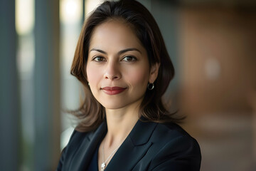 Hispanic female executive exuding confidence in a modern office setting, dressed in formal business attire, radiating leadership and success, portrait orientation, generative ai