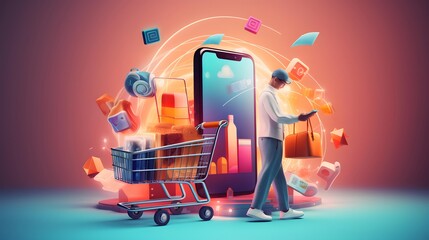 Online shopping concept. Unrecognizable man with a shopping trolley and smartphone. 3d illustration