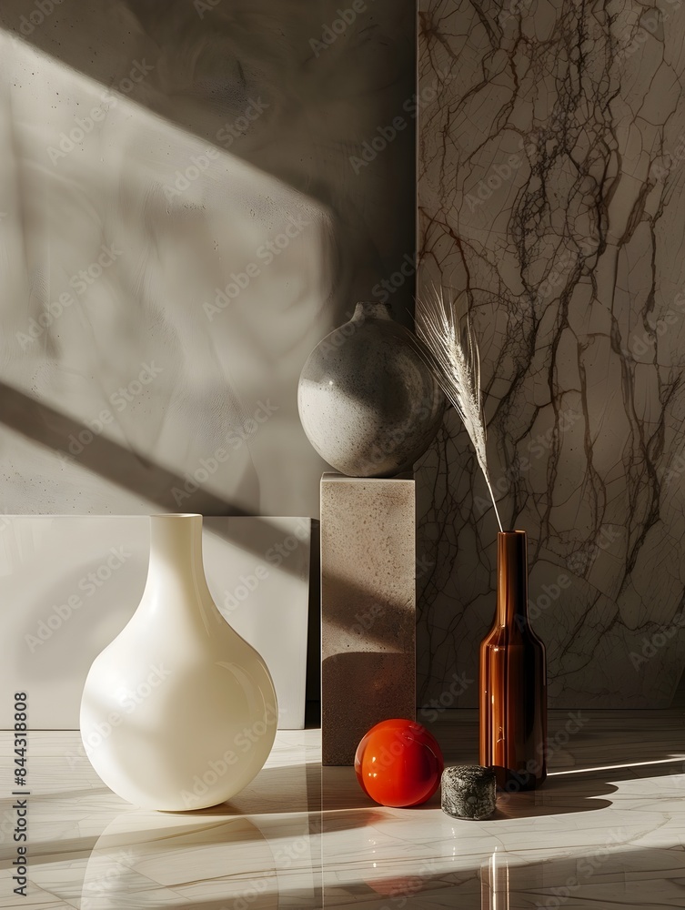 Poster minimalist arrangement of vases and bottles on marble surface with soft lighting