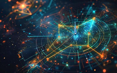 Detailed space map with a starshaped marker, cosmic colors, scifi style, hightech, digital rendering