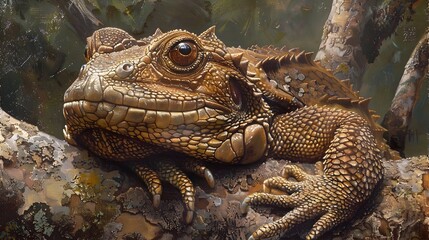 Close up View of a Vibrant Green Frog Resting on a Mossy Tree Branch in a Lush Forest Habitat